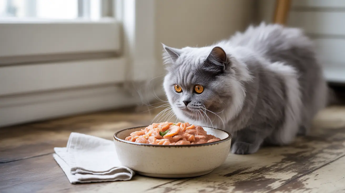ふわふわした灰色と白のブリティッシュ・ロングヘアの猫が、窓のそばでサーモン色のフードが入ったお皿の隣に座っている様子