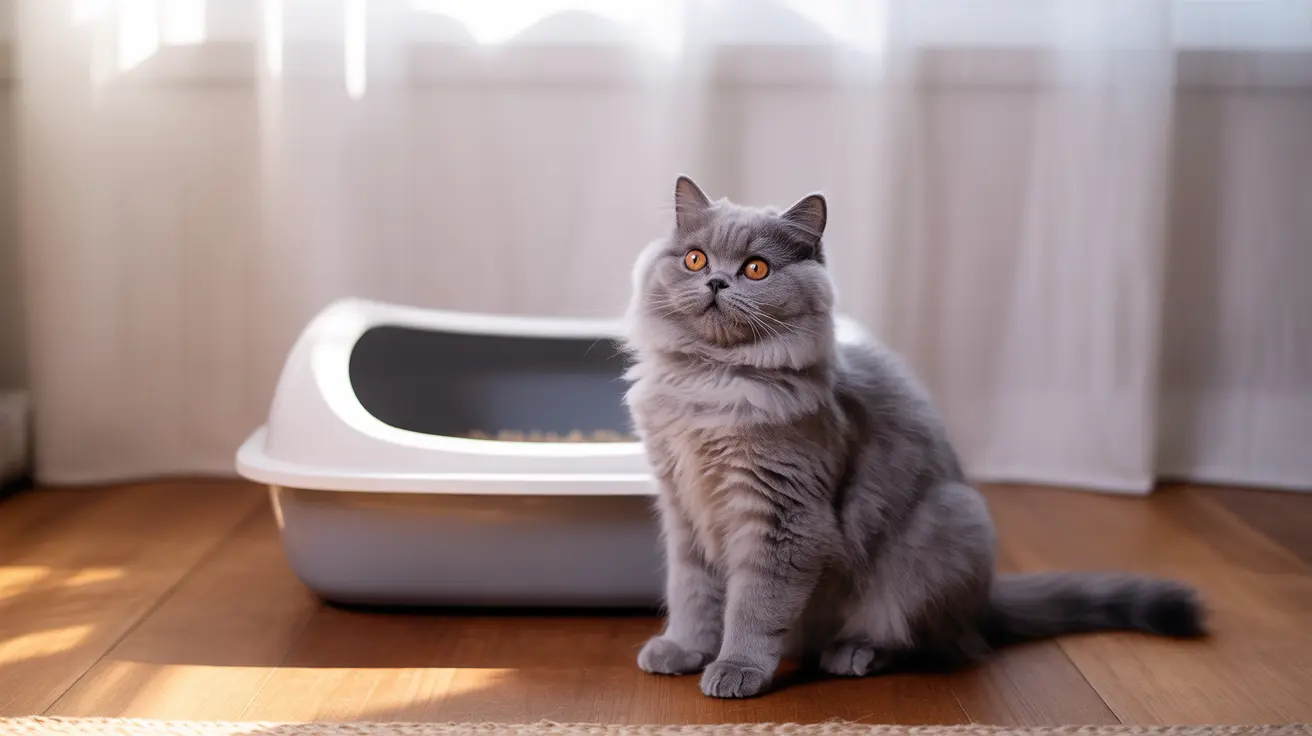 A fluffy gray British Shorthair cat sitting next to a litter box, looking alert with bright orange eyes
