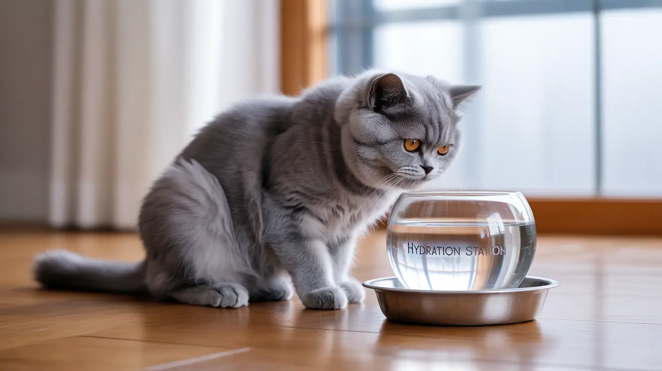 Gray British Shorthair cat by a glass 'Hydration Station' water bowl