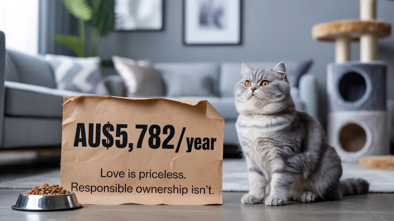 A gray and white British Shorthair cat next to a paper sign showing annual pet ownership cost