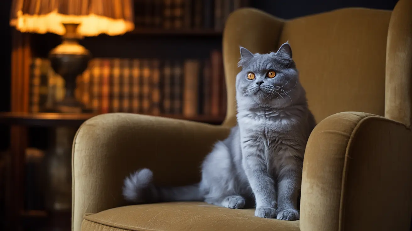 Gato británico de pelo corto gris sentado alerta en un sillón marrón dorado en una habitación acogedora y tenue con estanterías de libros al fondo.