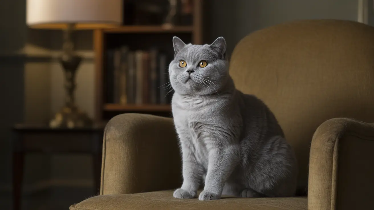 A gray British Shorthair cat sitting upright on a brown armchair with an elegant and alert posture