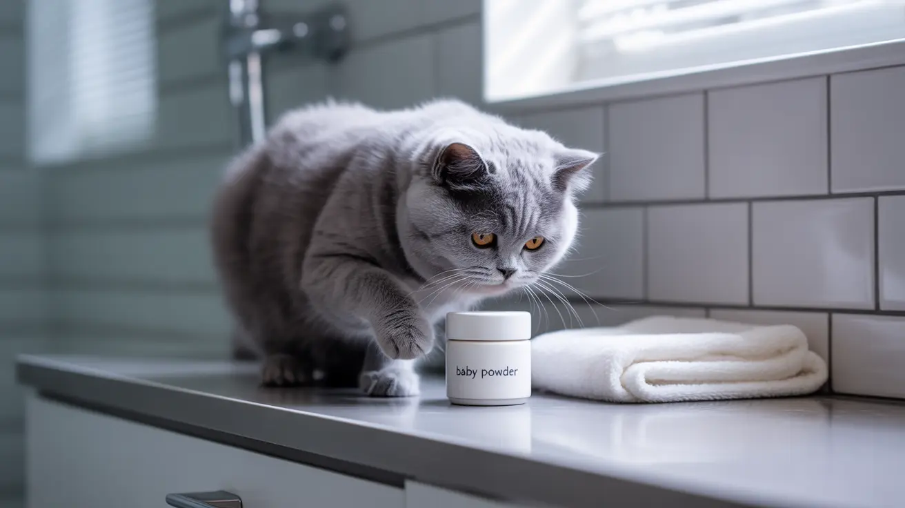 A gray British Shorthair cat sitting intently next to a baby powder container on a bathroom counter