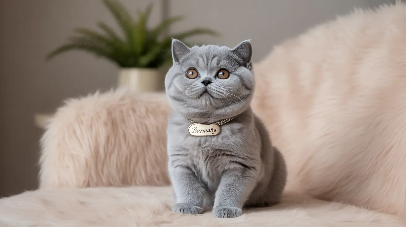A plump gray British Shorthair cat sitting elegantly on a soft beige fur surface wearing a metallic name tag labeled 'Barnaby'