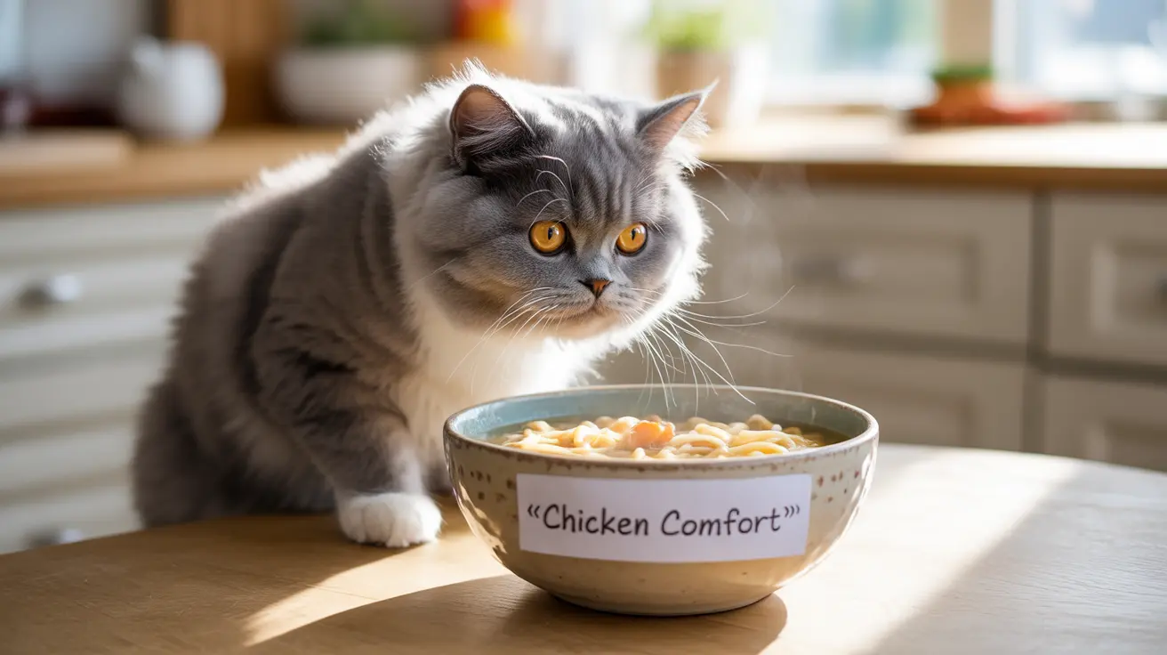 A fluffy gray and white British Shorthair cat sitting next to a bowl of chicken noodle soup labeled 'Chicken Comfort'