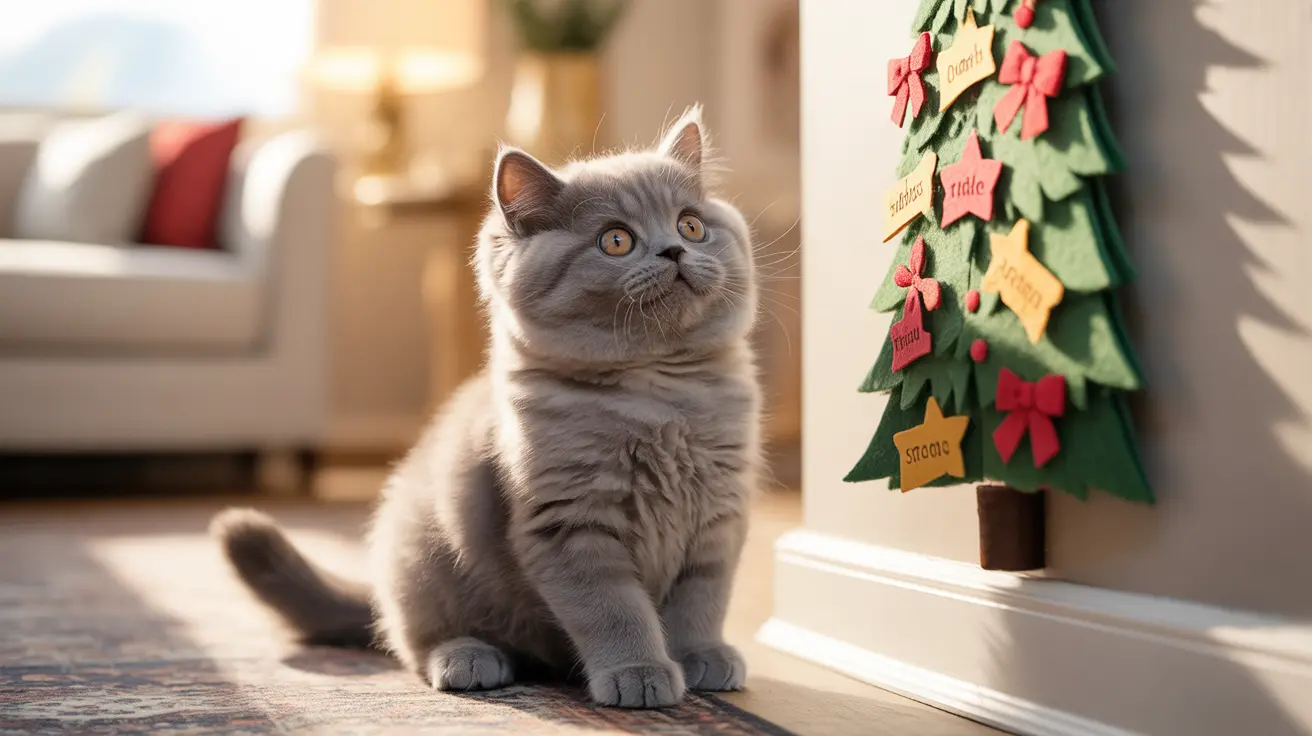 A fluffy gray British Shorthair cat sitting attentively near a decorative Christmas tree, looking upward with wide eyes.