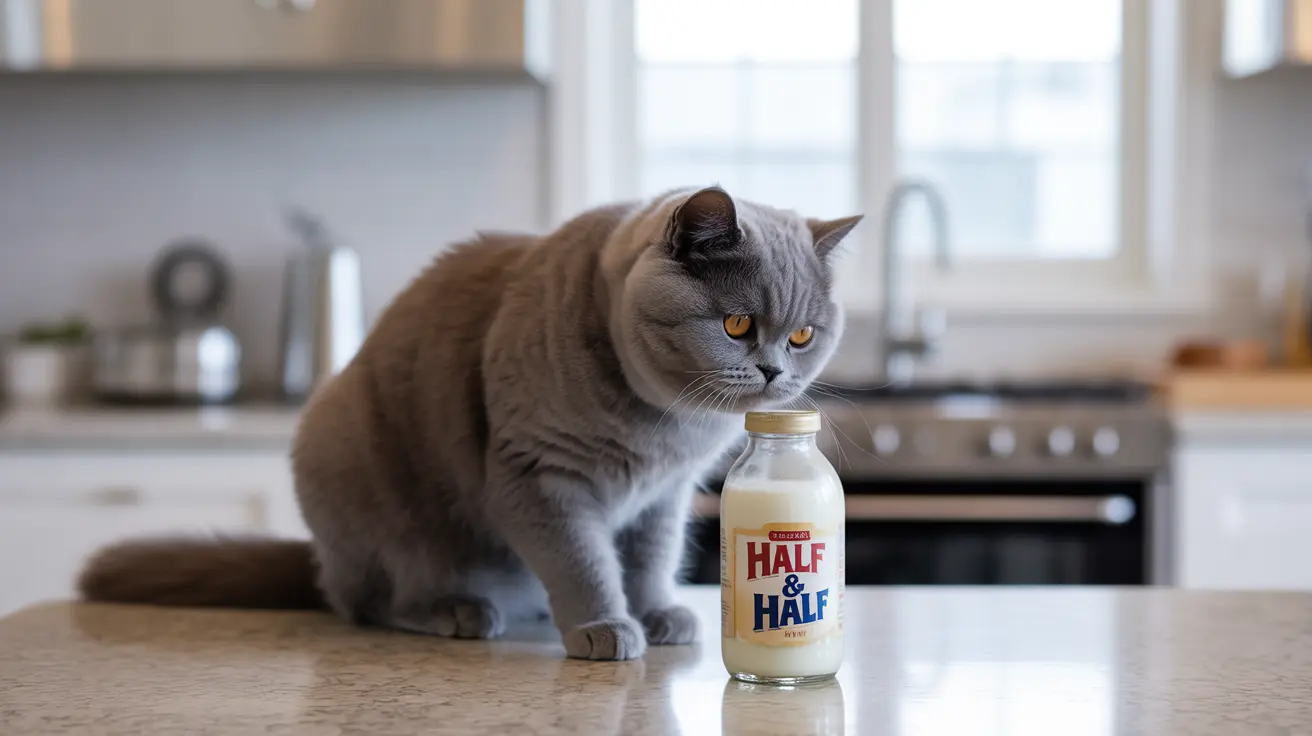 A plump British Shorthair cat sitting next to a Half & Half milk bottle in a modern kitchen