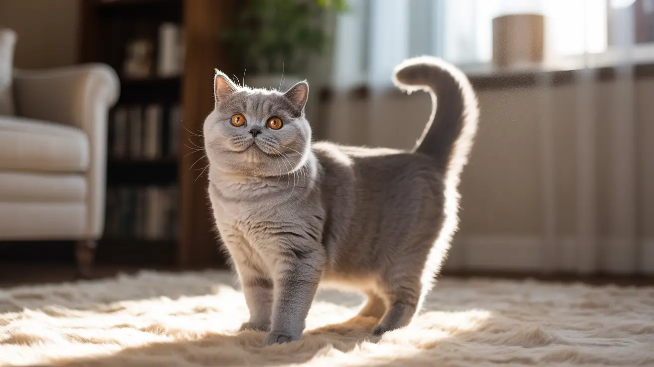 A gray British Shorthair cat standing alert on a cream-colored rug in a sunlit living room