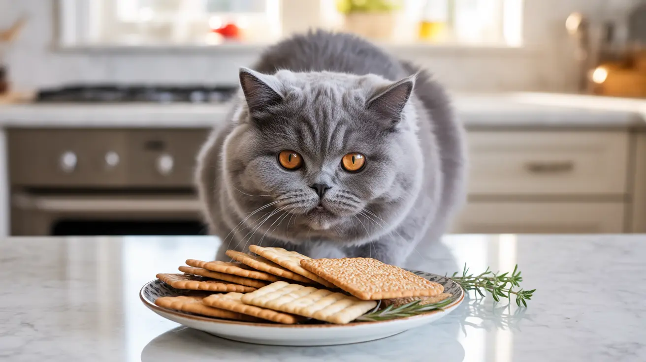 A gray British Shorthair cat sitting near a plate of crackers in a kitchen setting