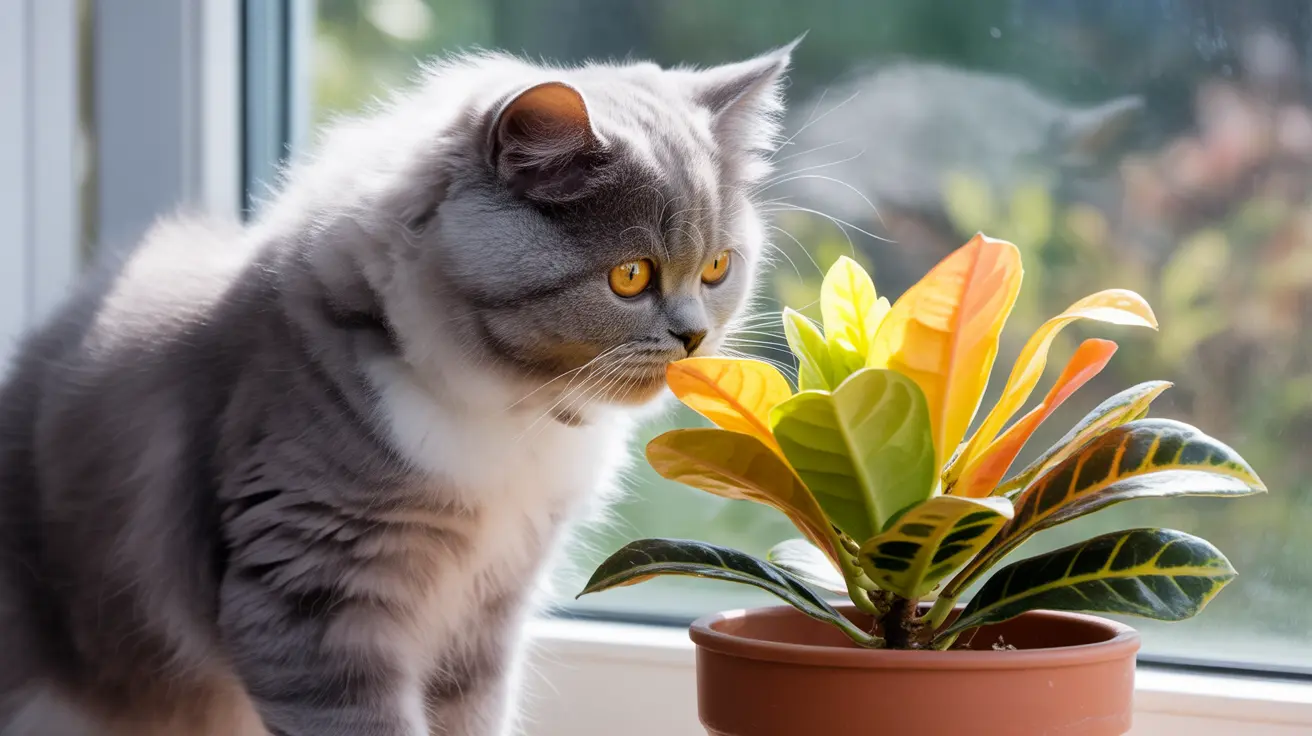 A gray and white British Shorthair cat sitting near a potted plant with vibrant yellow and green leaves