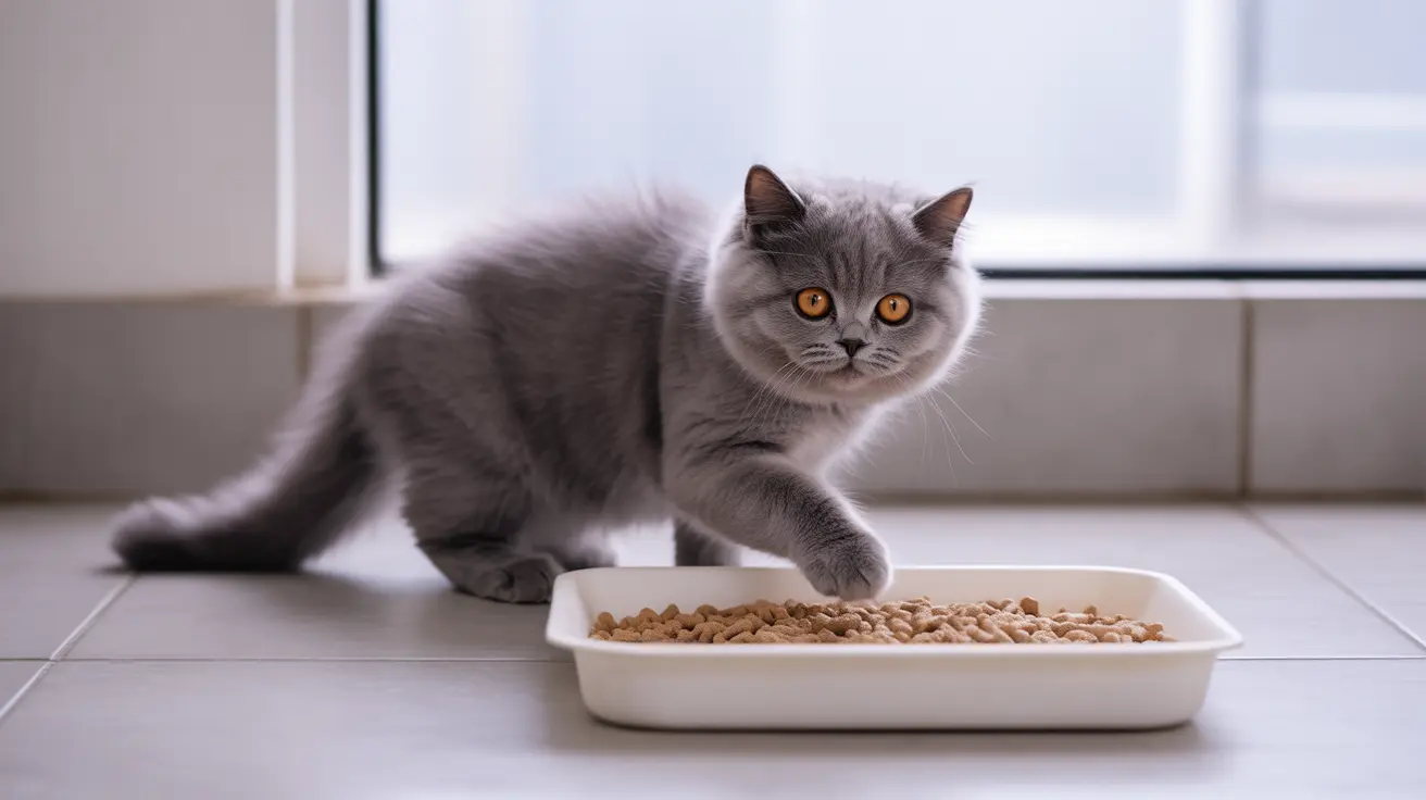 Un gato británico de pelo corto gris sentado junto a un tazón de comida lleno de croquetas secas para gatos.