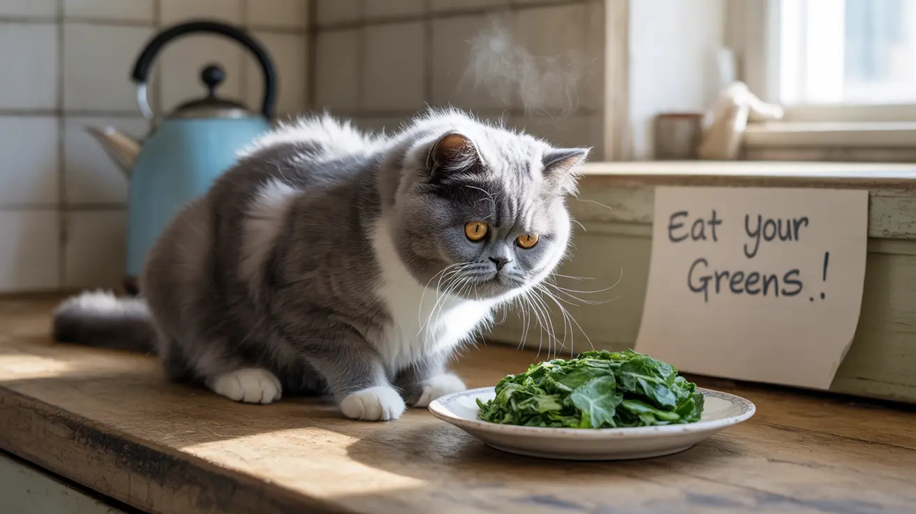 Gray and white British Shorthair cat sitting next to a plate of green salad leaves with an 'Eat your Greens' sign