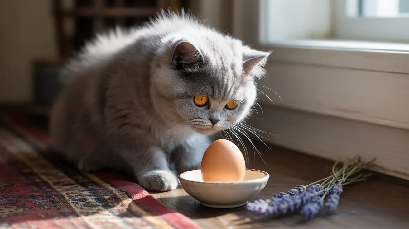 A gray and white British Shorthair cat examining an egg in a small white bowl near a window