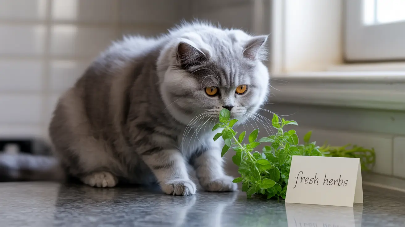 Gray and white British Shorthair cat sitting near a fresh herb plant labeled fresh herbs