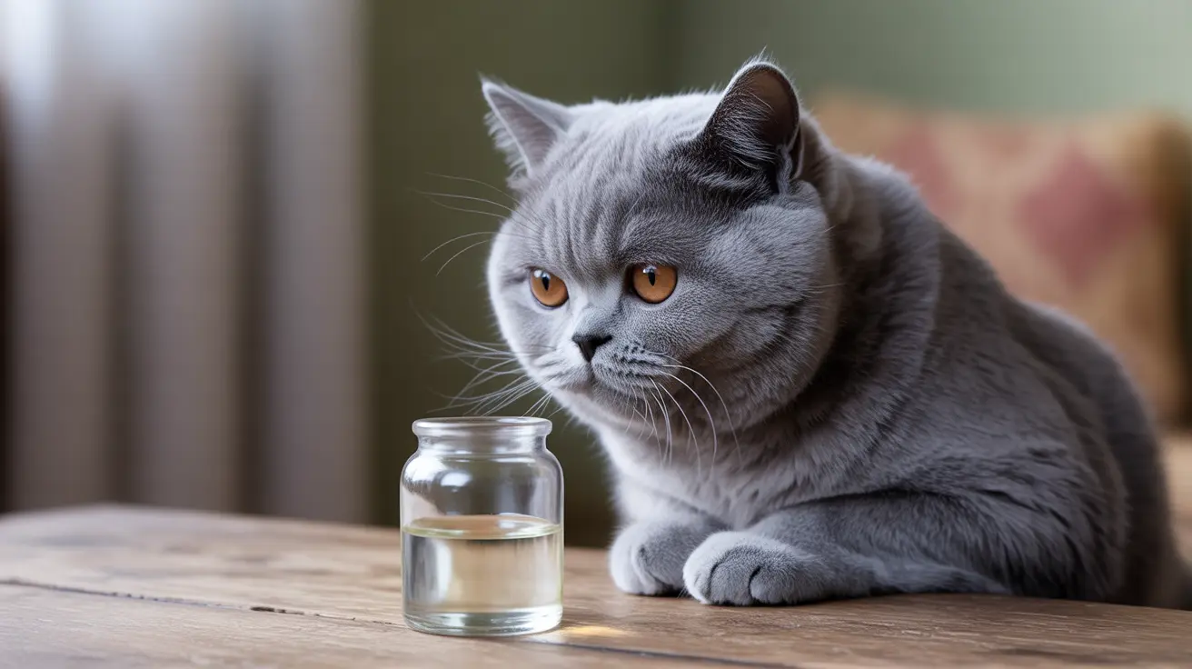 A gray British Shorthair cat sitting next to a glass jar of water on a wooden surface