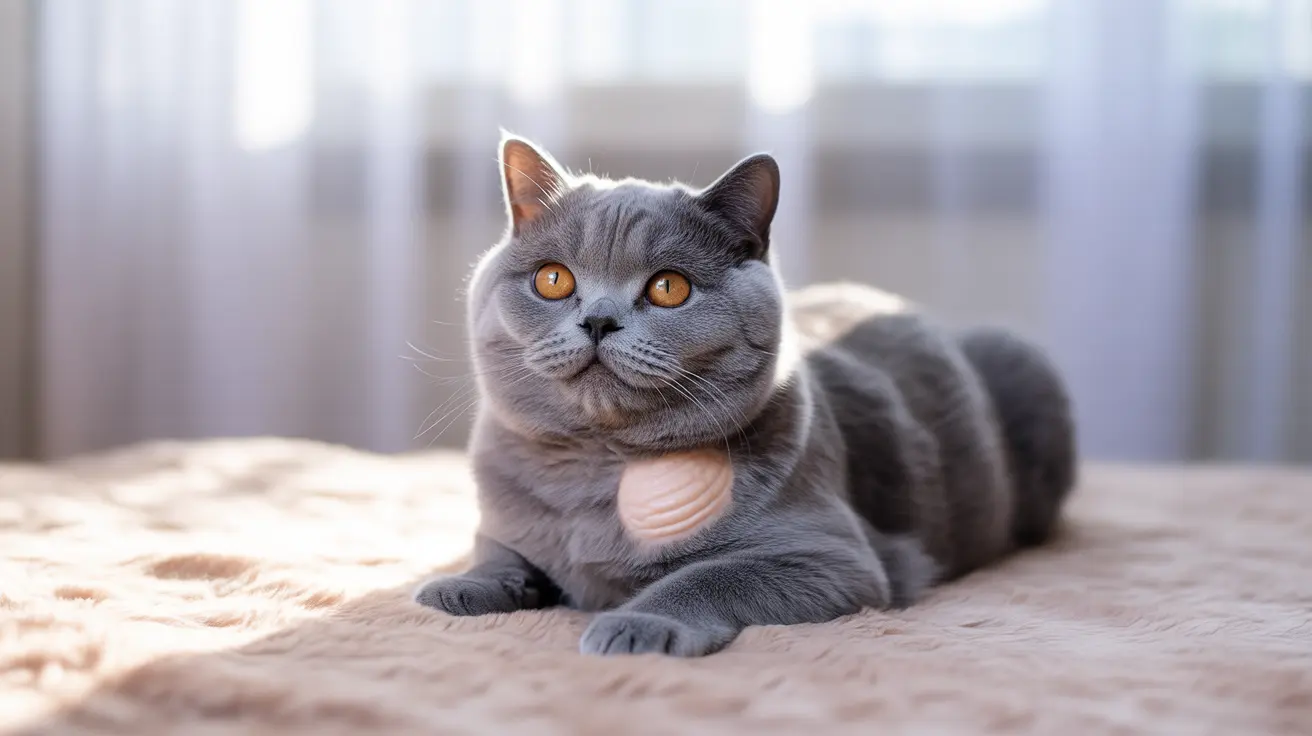 A gray British Shorthair cat with striking golden eyes sitting on a soft beige surface