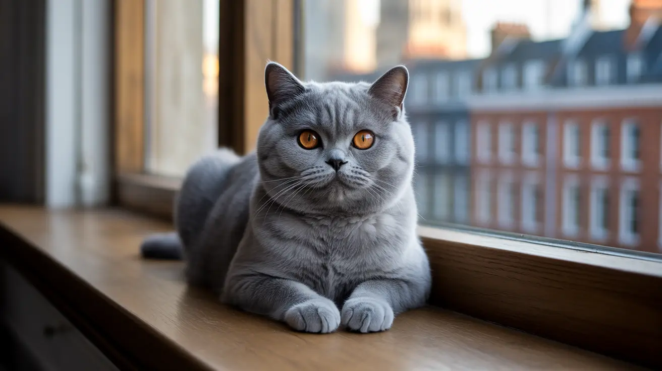 A stunning gray British Shorthair cat with intense golden eyes on a windowsill