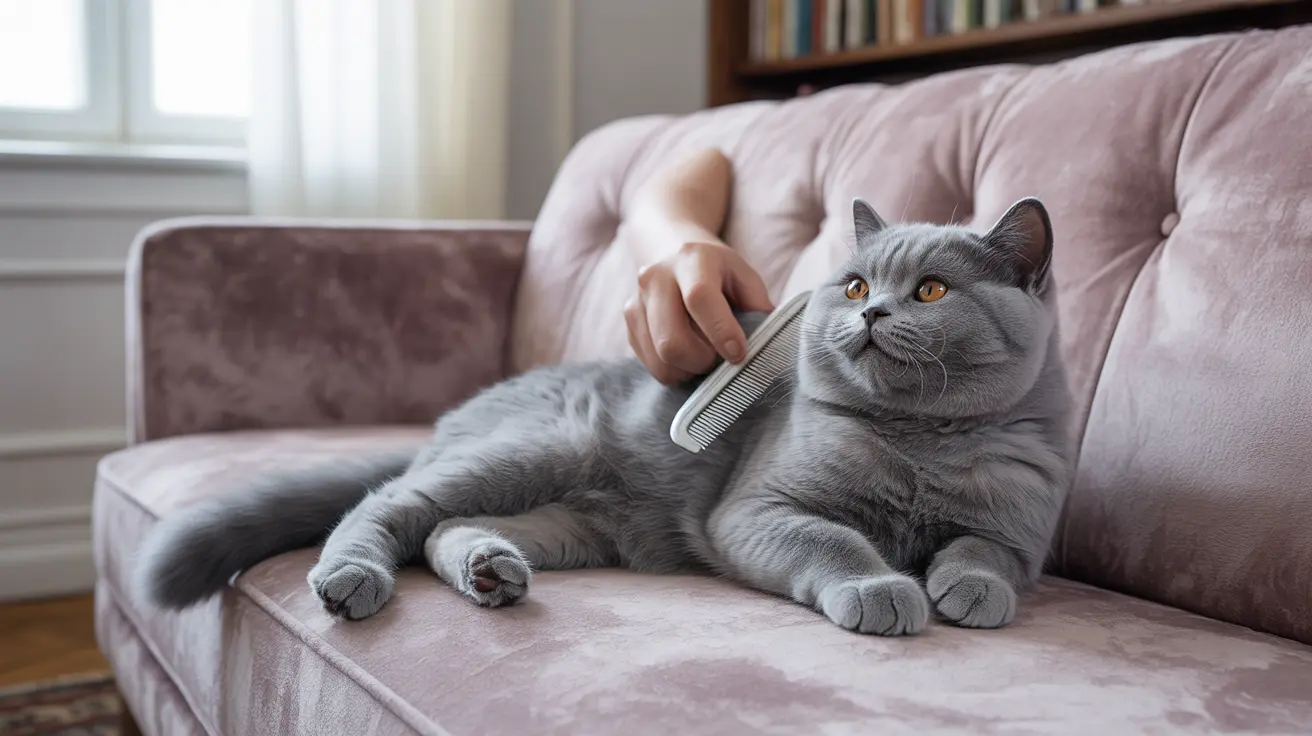 A gray British Shorthair cat being groomed with a comb on a soft pink velvet couch