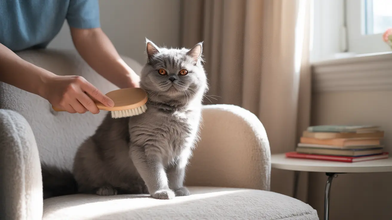 A gray British Shorthair cat being groomed with a wooden brush on a light-colored chair.
