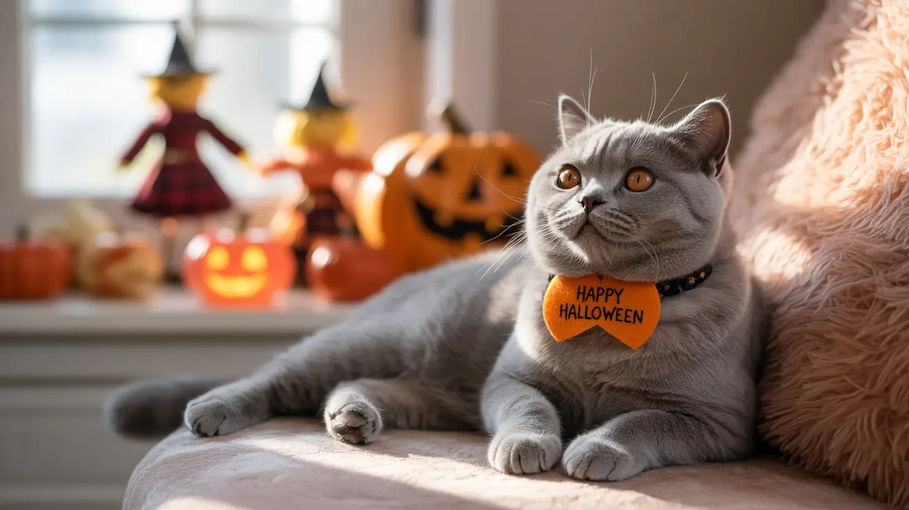 Gray British Shorthair cat with 'Happy Halloween' bow tie and decorations