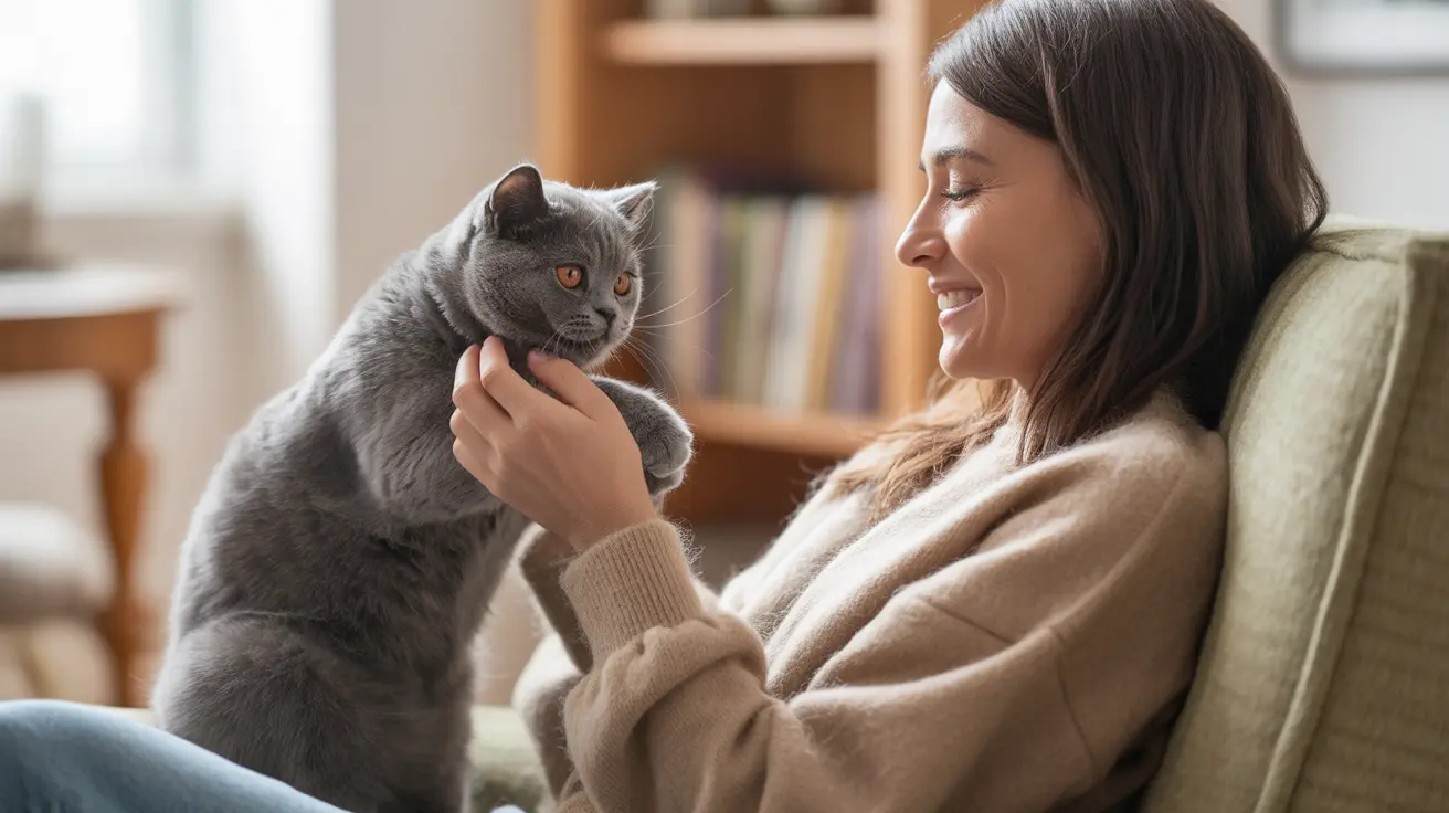 Un gato británico de pelo corto gris es sostenido y acariciado suavemente por una persona sonriente en un ambiente acogedor en el interior.