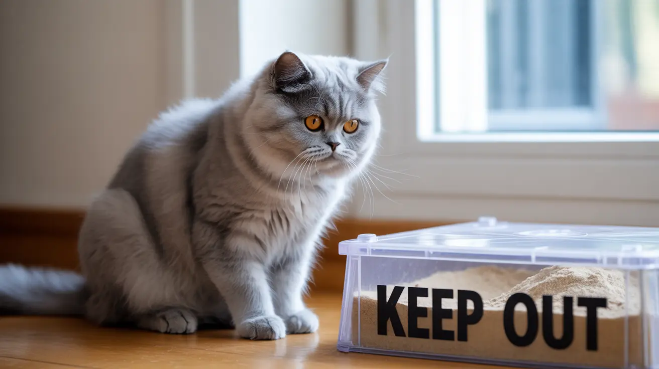 Gray and white British Shorthair cat sitting beside a container labeled 'KEEP OUT' near a window