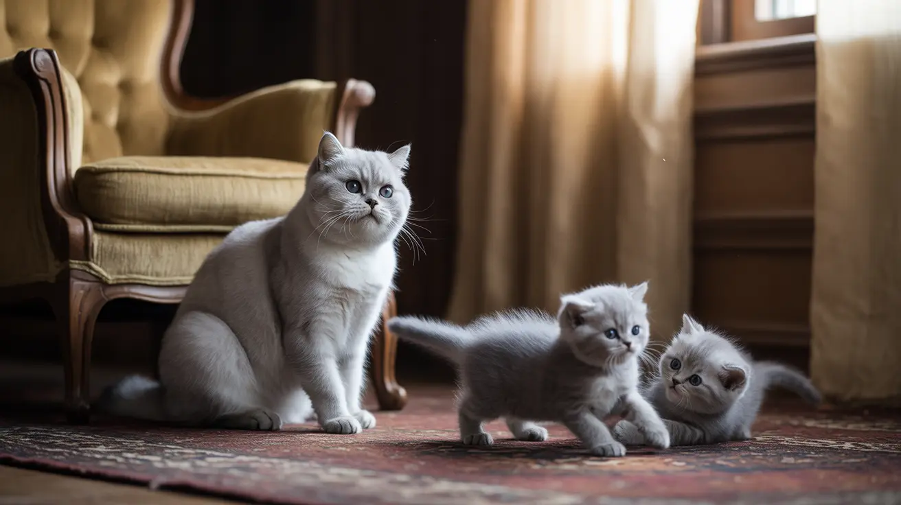 An adult white-gray British Shorthair cat sitting next to two small kittens on an ornate rug near a vintage armchair