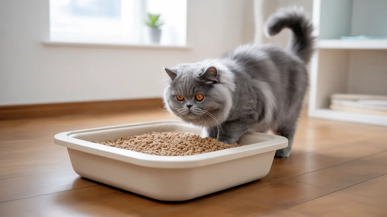 Un gato británico de pelo corto gris está de pie en una caja de arena limpia llena de arena para gatos.