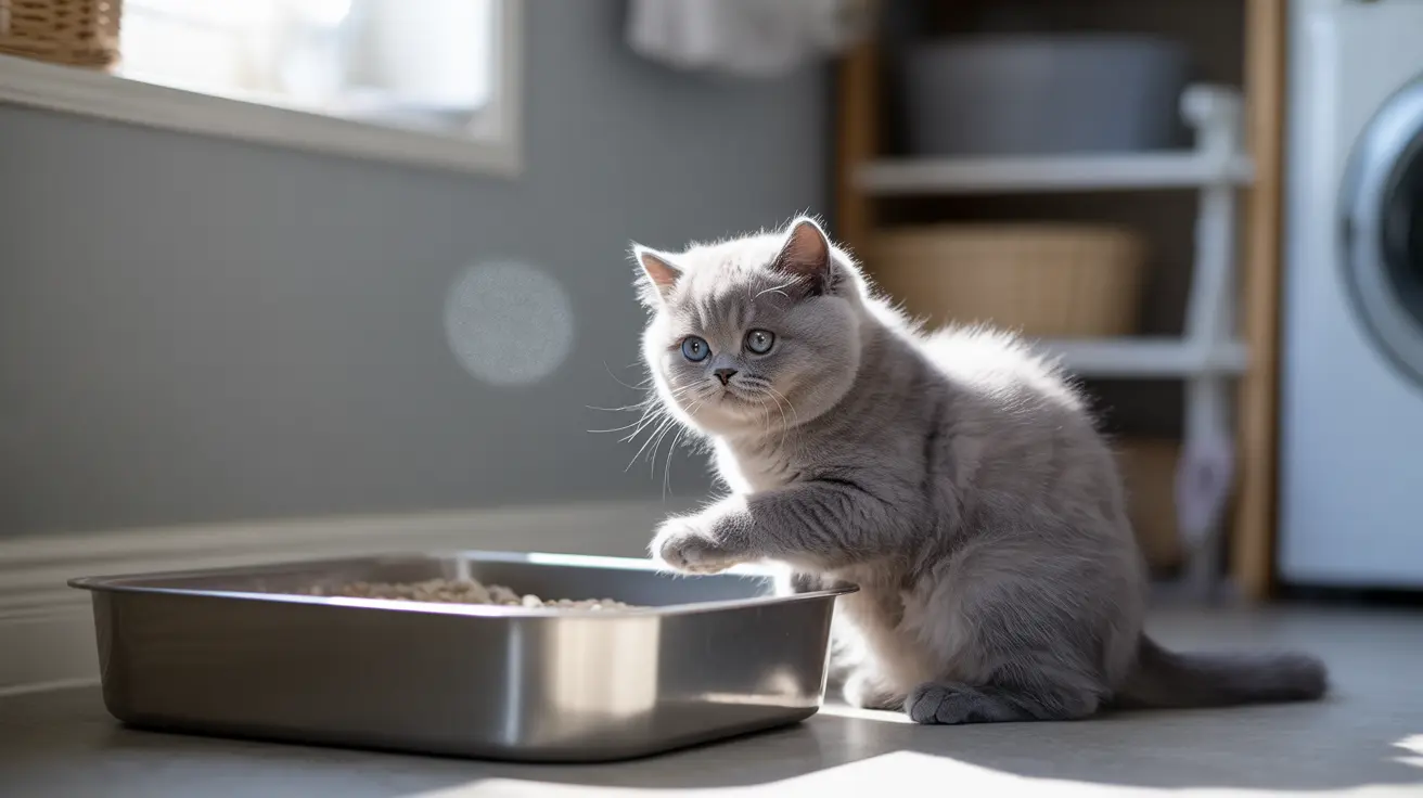 A fluffy gray British Shorthair cat sitting next to a metal litter box