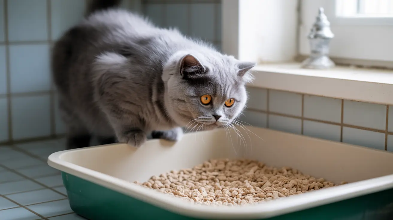 Gray and white British Shorthair cat near a litter box with cat litter