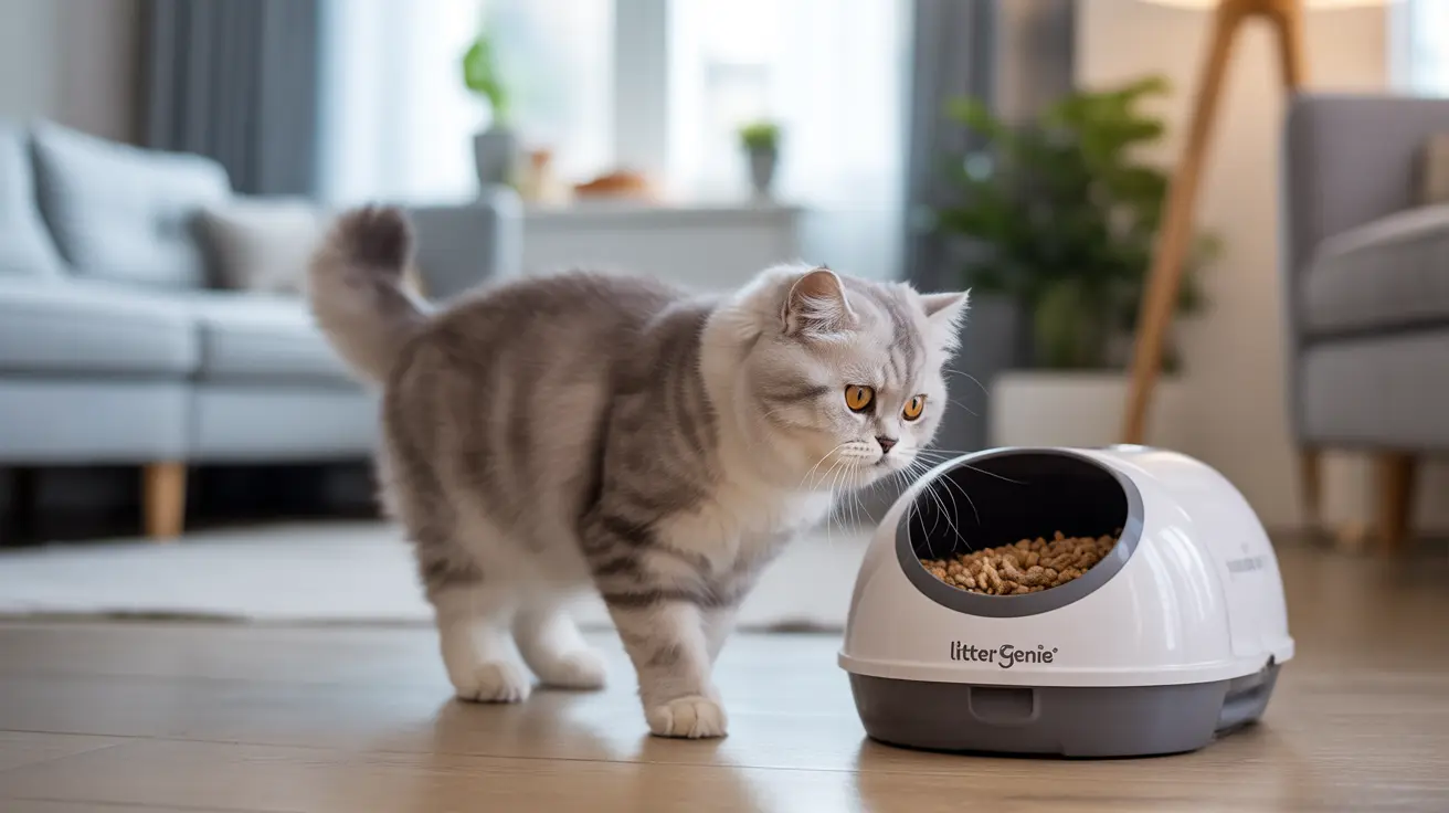 A fluffy white and gray British Shorthair cat standing near a Litter Genie pet waste disposal system in a modern living room.