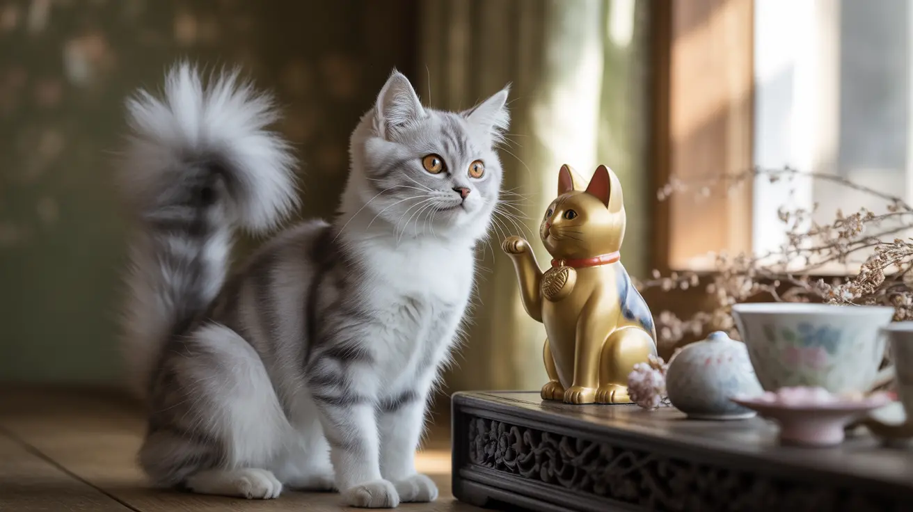 A white and gray British Shorthair cat sitting with a golden Maneki-neko figurine near a window