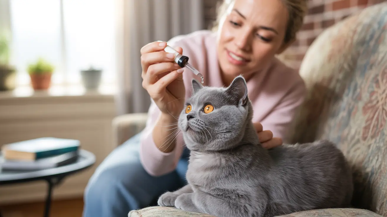 A gray British Shorthair cat receiving medical treatment from a caregiver