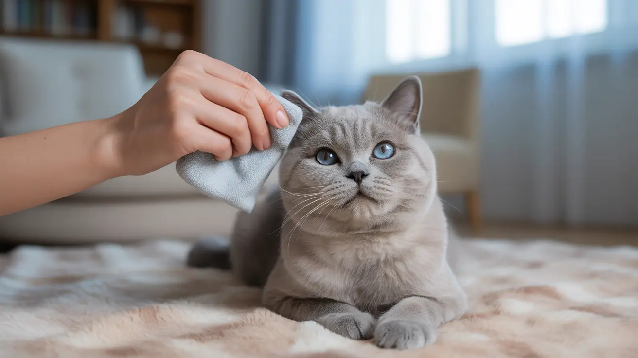 A gray British Shorthair cat being gently cleaned with a soft towel by a hand