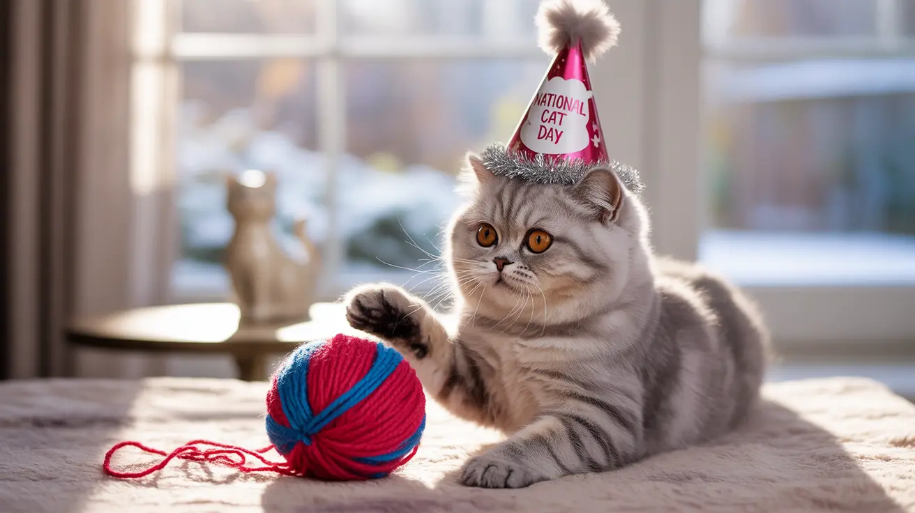 British Shorthair cat wearing a National Cat Day party hat sitting beside a colorful yarn ball