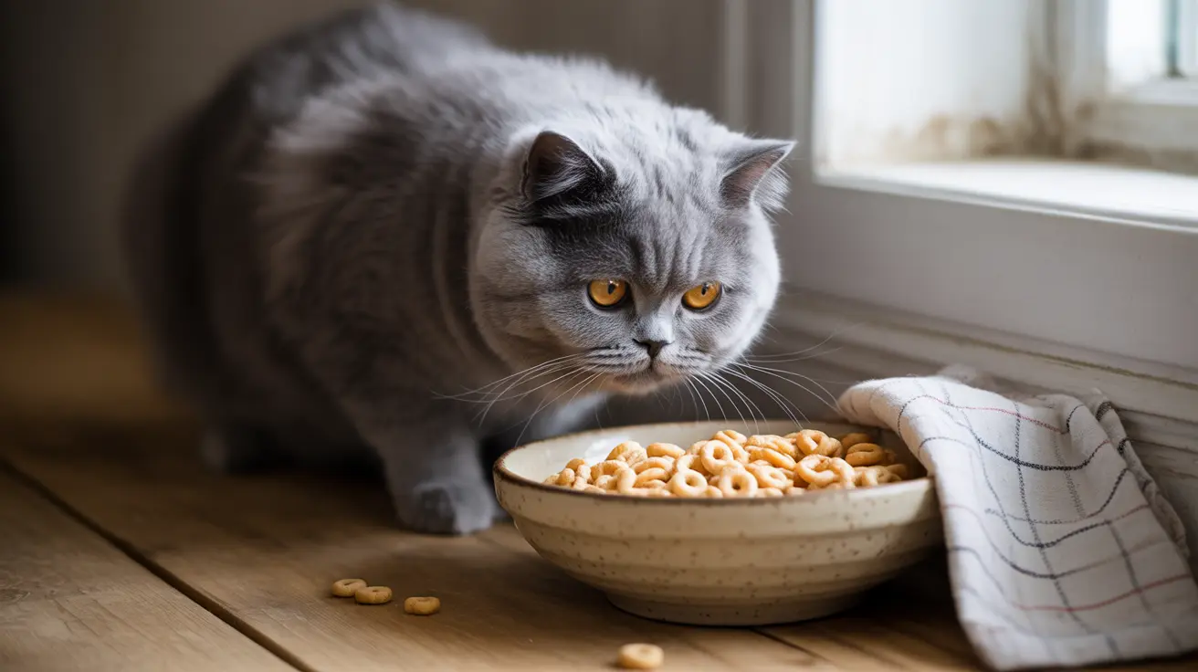 Un gato Pielo Británico gris sentado junto a un tazón de cereales redondos cerca de una ventana