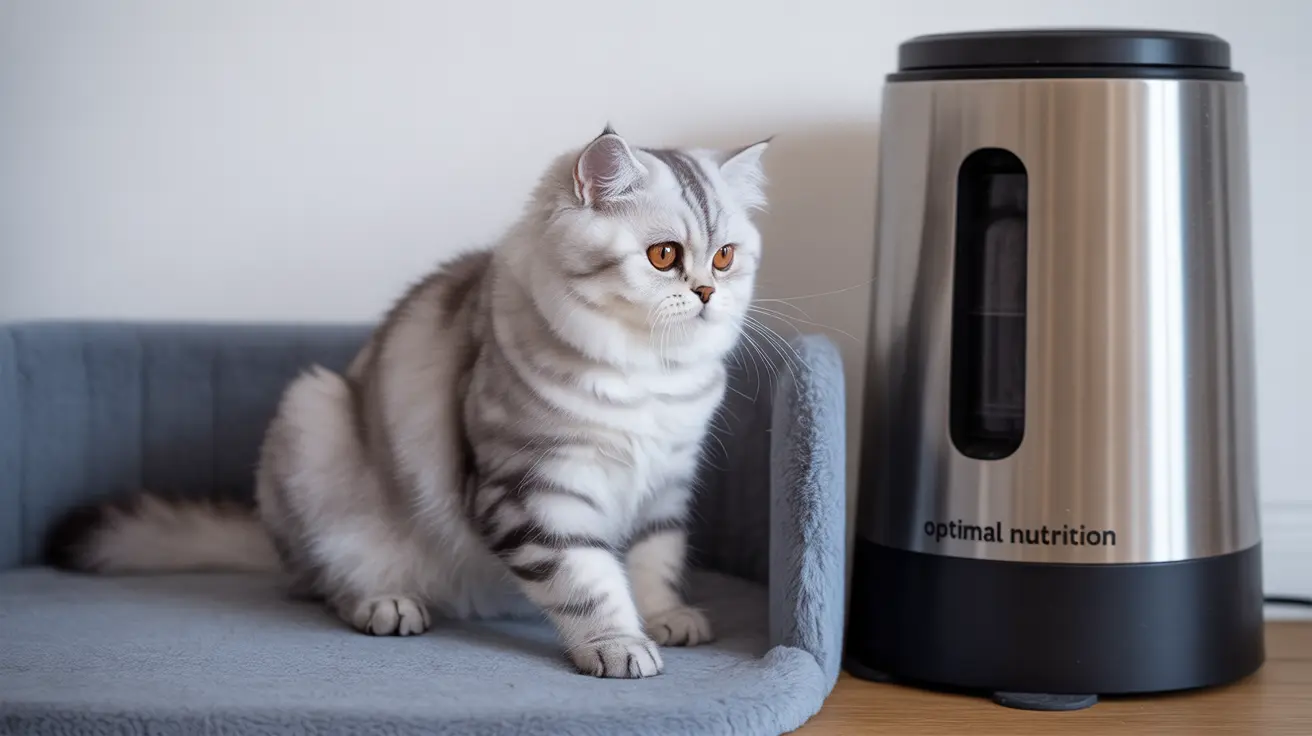 Un gato británico de pelo corto atigrado blanco y gris está sentado en un cojín azul grisáceo junto a un electrodoméstico de acero inoxidable de la marca 'Optimal Nutrition'.