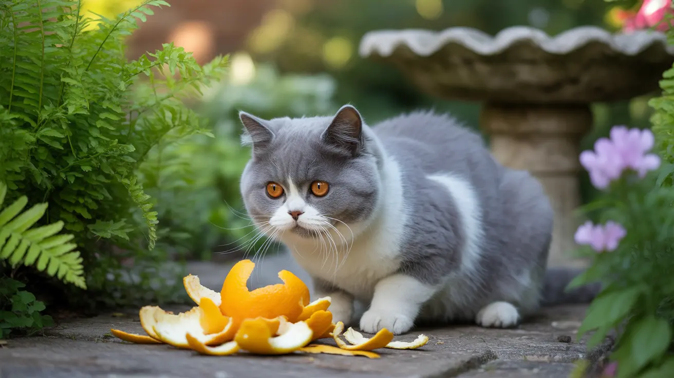 Gray and white British Shorthair cat sitting near orange peels in a garden