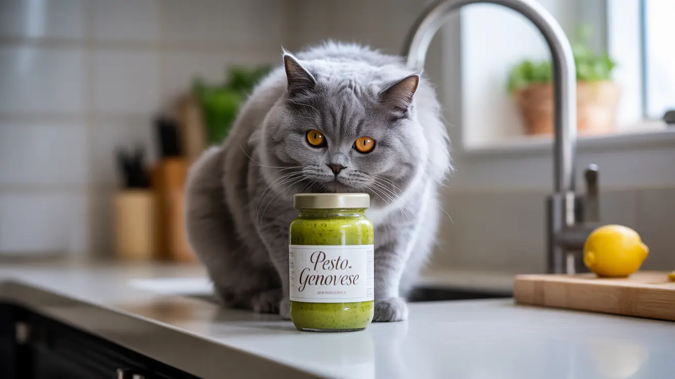 ふわふわした灰色のブリティッシュショートヘアの猫が、ペストの瓶の隣でキッチンカウンターに座っている様子