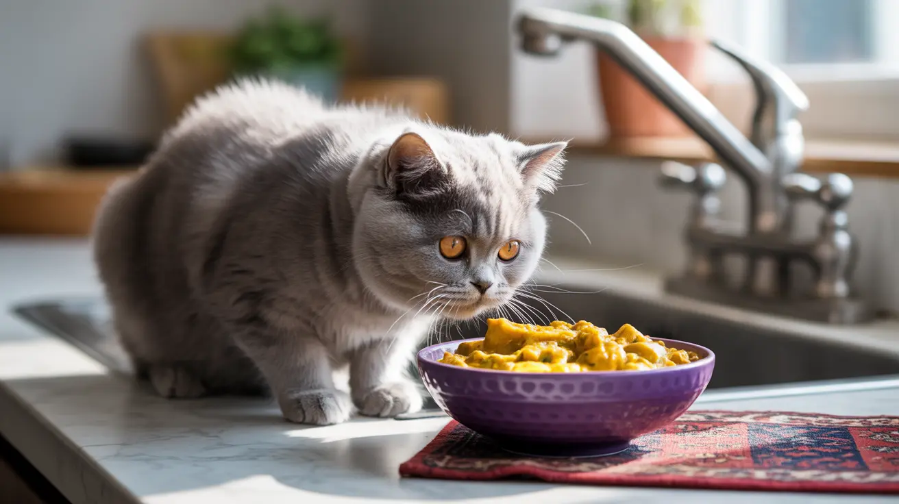 A gray British Shorthair cat sitting next to a purple bowl of yellow food near a kitchen sink