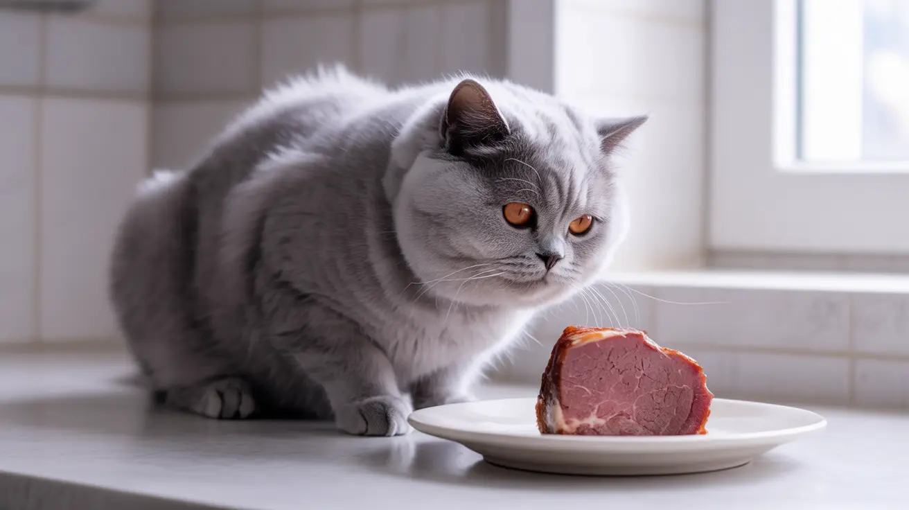 Gray and white British Shorthair cat next to a plate with raw meat