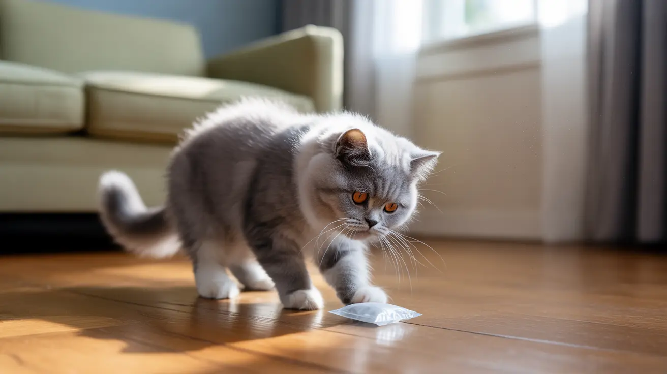 Fluffy grey and white British Shorthair cat examining a small object on a wooden floor near a light-colored sofa
