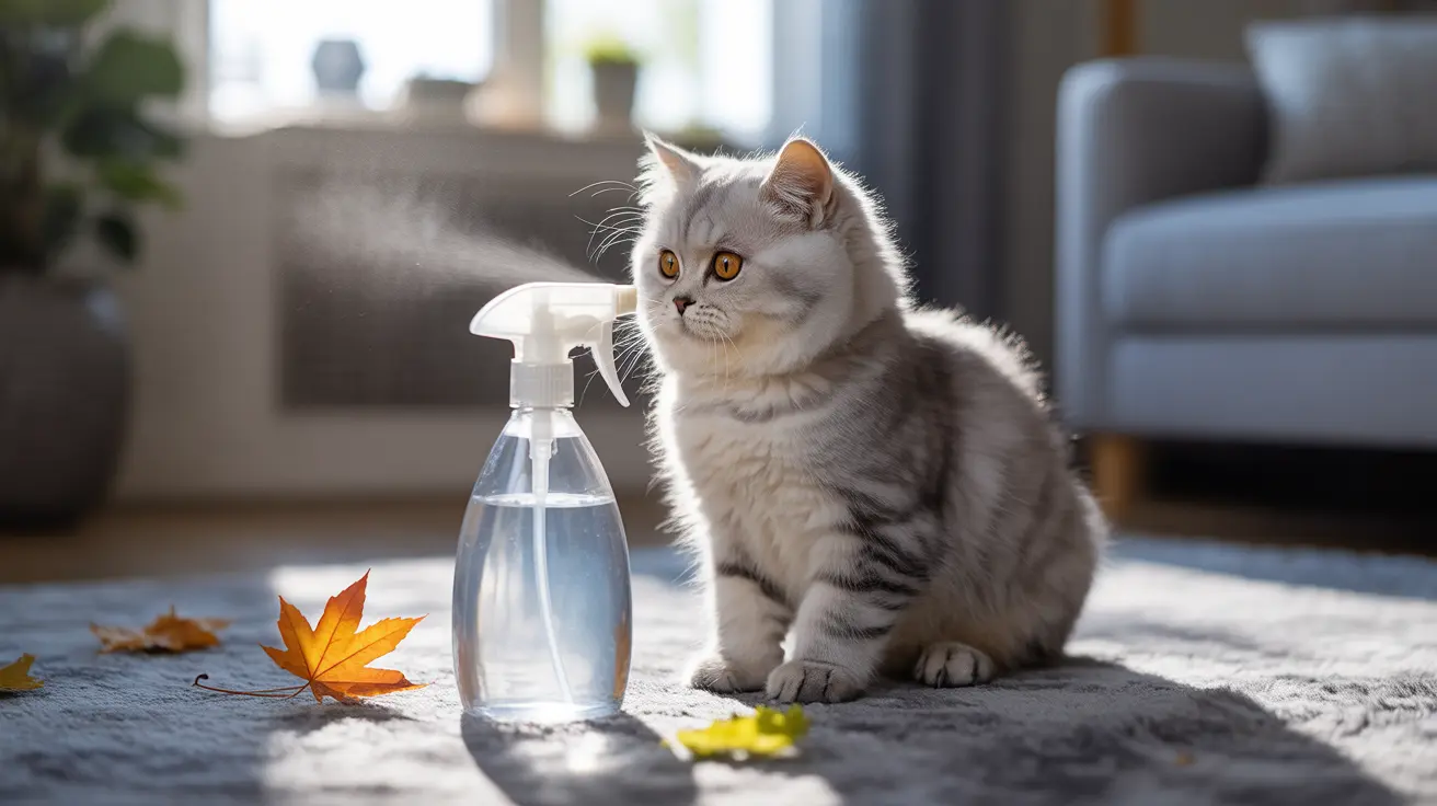 A fluffy white and gray British Shorthair cat sitting next to a spray bottle with autumn leaves nearby.