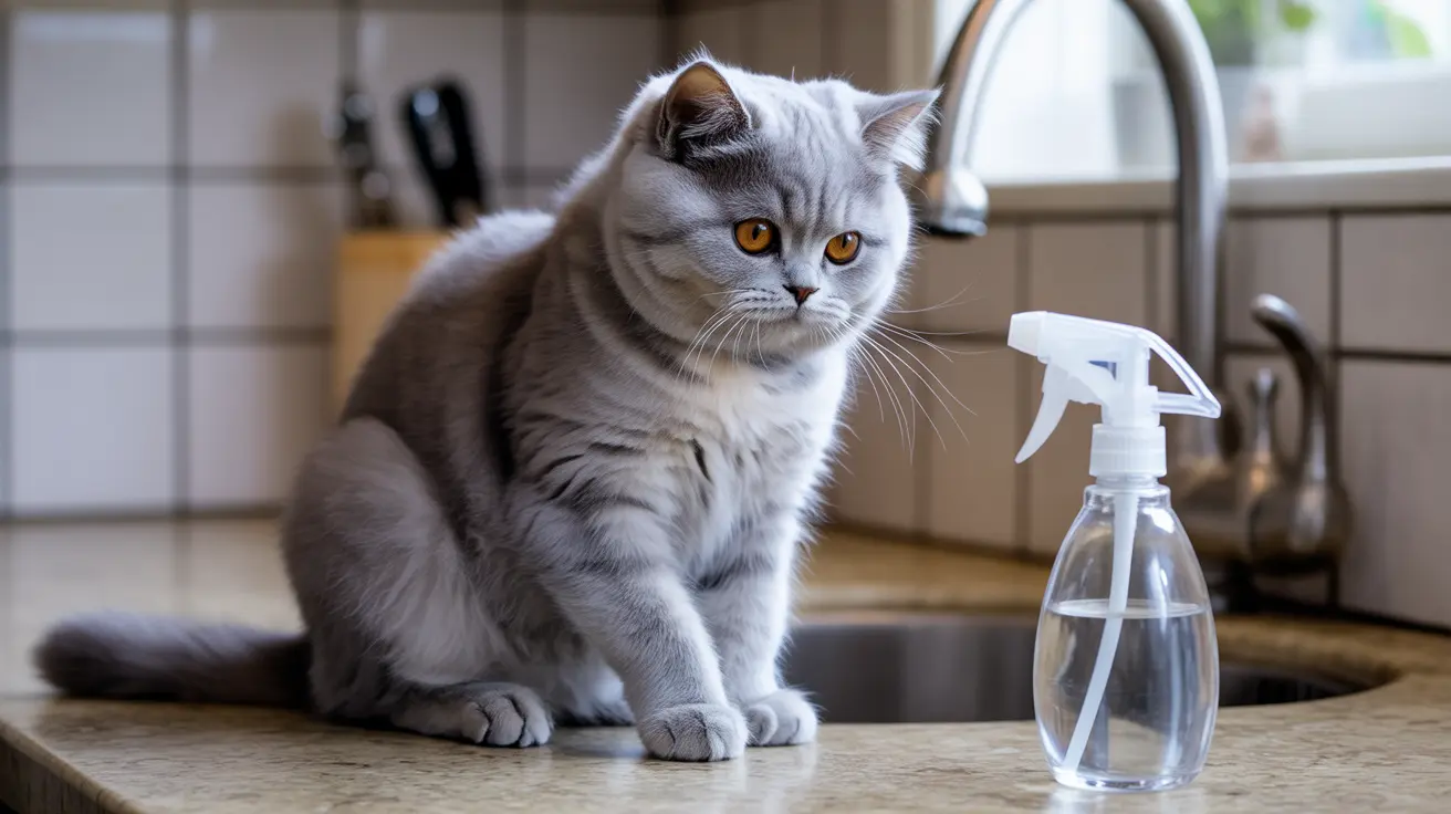 銀灰色のブリティッシュショートヘアの猫がキッチンでスプレーボトルの近くに座っている様子
