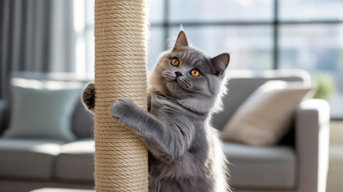 Un gato británico de pelo corto, de pelaje gris y esponjoso, se estira y abraza un rascador cubierto de sisal.