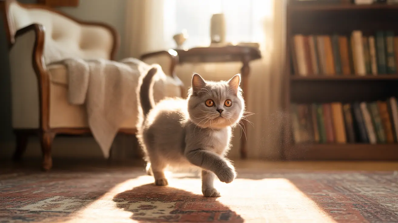 A fluffy British Shorthair cat walking across a sunlit living room floor
