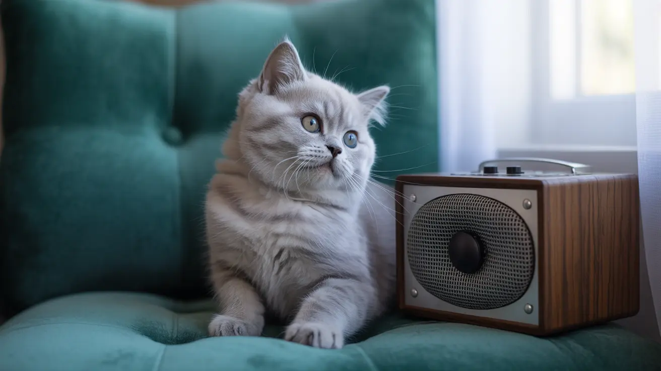 A fluffy white and gray British Shorthair cat sitting attentively on a teal-colored armchair next to a vintage wooden radio