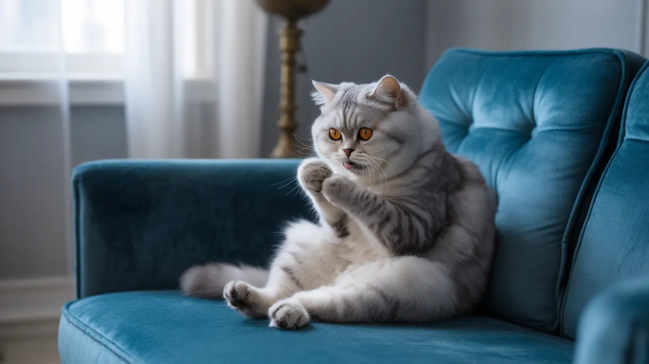 A fluffy white and gray British Shorthair cat on a teal velvet armchair.