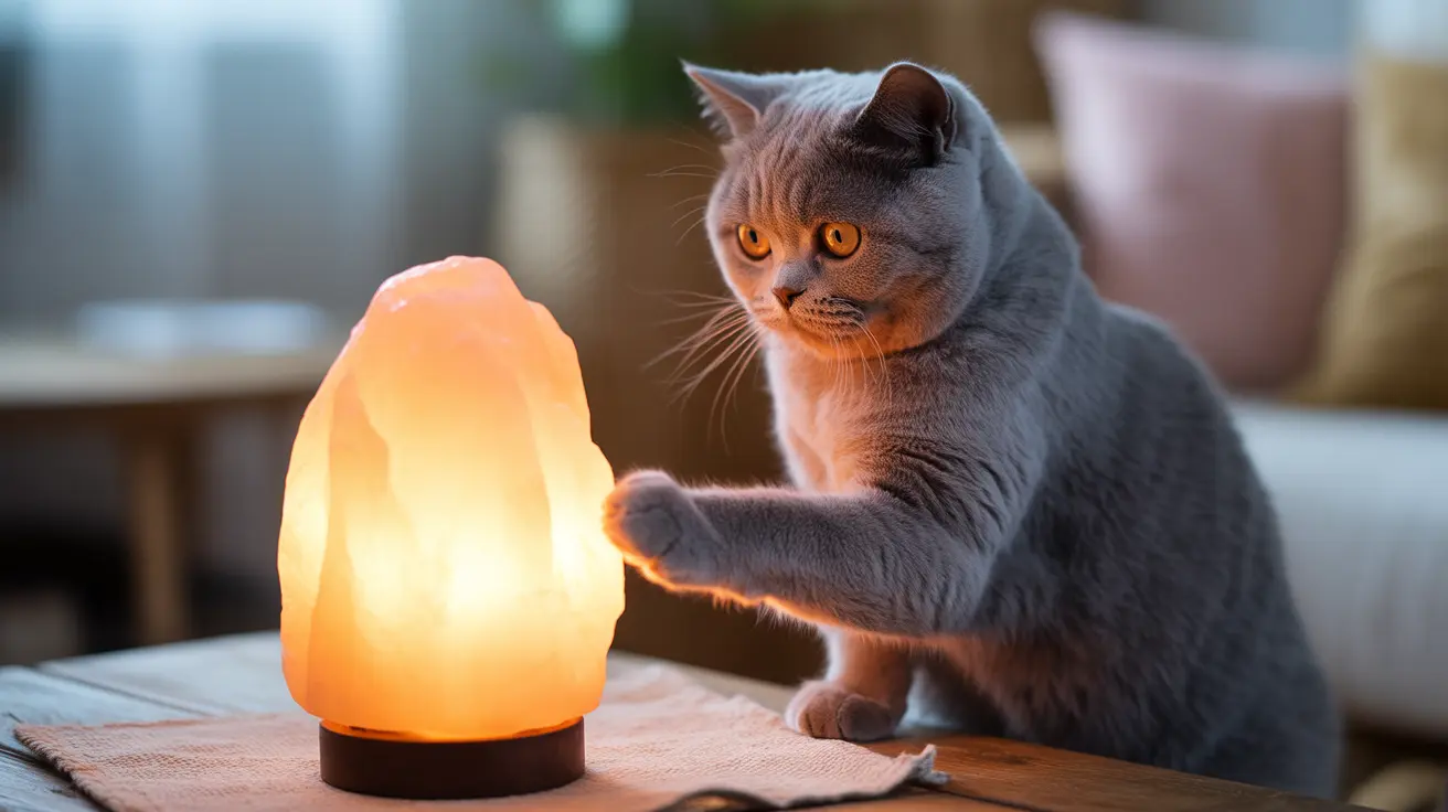 A gray British Shorthair cat curiously touching a glowing orange salt lamp