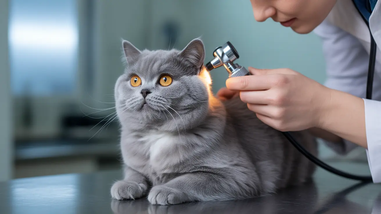 A gray British Shorthair cat receiving a veterinary eye examination